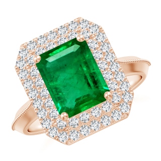 9x7mm AAA Vintage Inspired Emerald-Cut Emerald Double Halo Engagement Ring in 18K Rose Gold