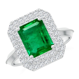 9x7mm AAA Vintage Inspired Emerald-Cut Emerald Double Halo Engagement Ring in P950 Platinum