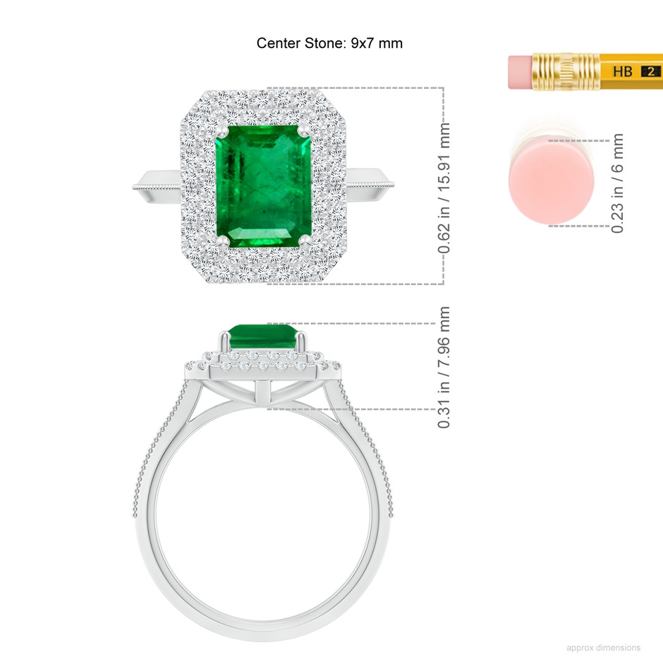 9x7mm AAA Vintage Inspired Emerald-Cut Emerald Double Halo Engagement Ring in White Gold ruler