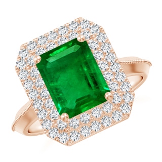 9x7mm AAAA Vintage Inspired Emerald-Cut Emerald Double Halo Engagement Ring in 9K Rose Gold