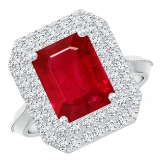 10x8mm AAA Vintage Inspired Emerald-Cut Ruby Double Halo Engagement Ring in P950 Platinum