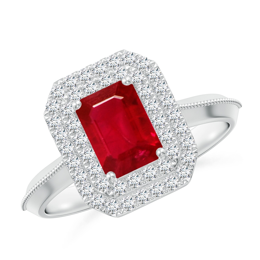 7x5mm AAA Vintage Inspired Emerald-Cut Ruby Double Halo Engagement Ring in White Gold