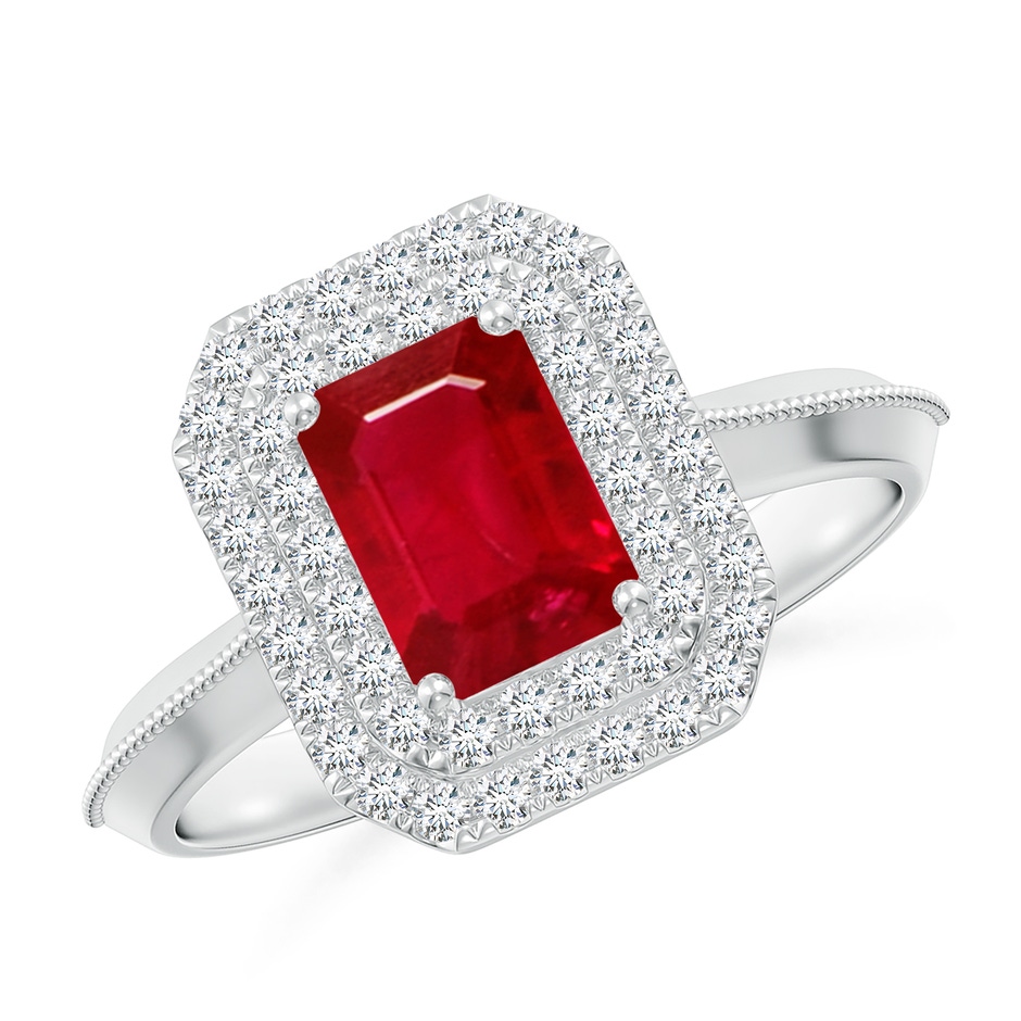 7x5mm AAA Vintage Inspired Emerald-Cut Ruby Double Halo Engagement Ring in White Gold 