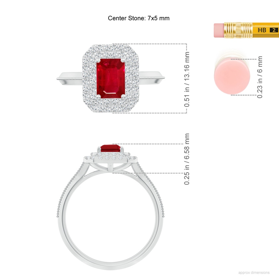 7x5mm AAA Vintage Inspired Emerald-Cut Ruby Double Halo Engagement Ring in White Gold ruler