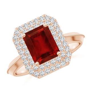 8x6mm AAAA Vintage Inspired Emerald-Cut Ruby Double Halo Engagement Ring in 9K Rose Gold