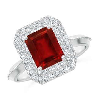 8x6mm AAAA Vintage Inspired Emerald-Cut Ruby Double Halo Engagement Ring in P950 Platinum