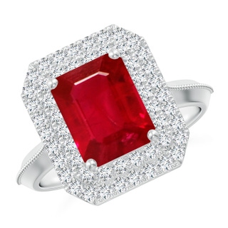 9x7mm AAA Vintage Inspired Emerald-Cut Ruby Double Halo Engagement Ring in P950 Platinum