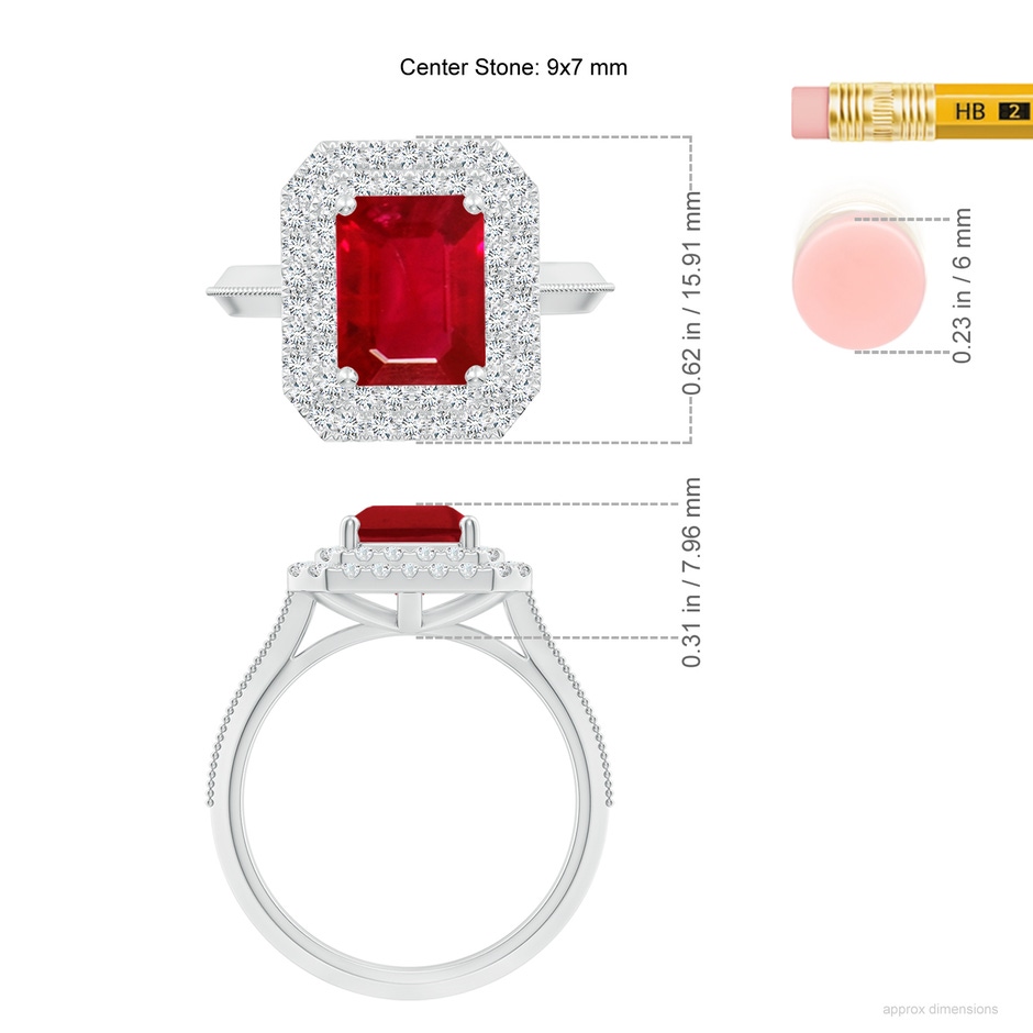 9x7mm AAA Vintage Inspired Emerald-Cut Ruby Double Halo Engagement Ring in White Gold ruler