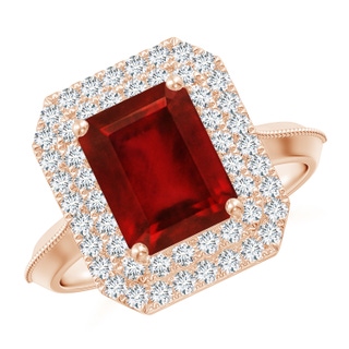 9x7mm AAAA Vintage Inspired Emerald-Cut Ruby Double Halo Engagement Ring in 10K Rose Gold