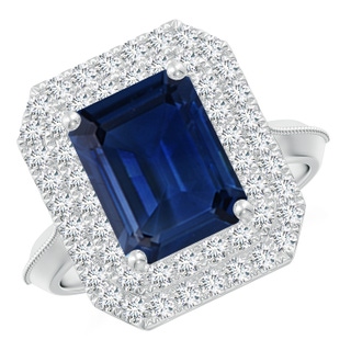 10x8mm AAA Vintage Inspired Emerald-Cut Blue Sapphire Double Halo Engagement Ring in P950 Platinum