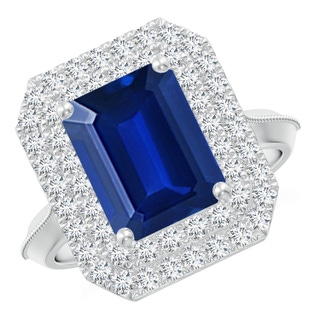 10x8mm AAAA Vintage Inspired Emerald-Cut Blue Sapphire Double Halo Engagement Ring in P950 Platinum