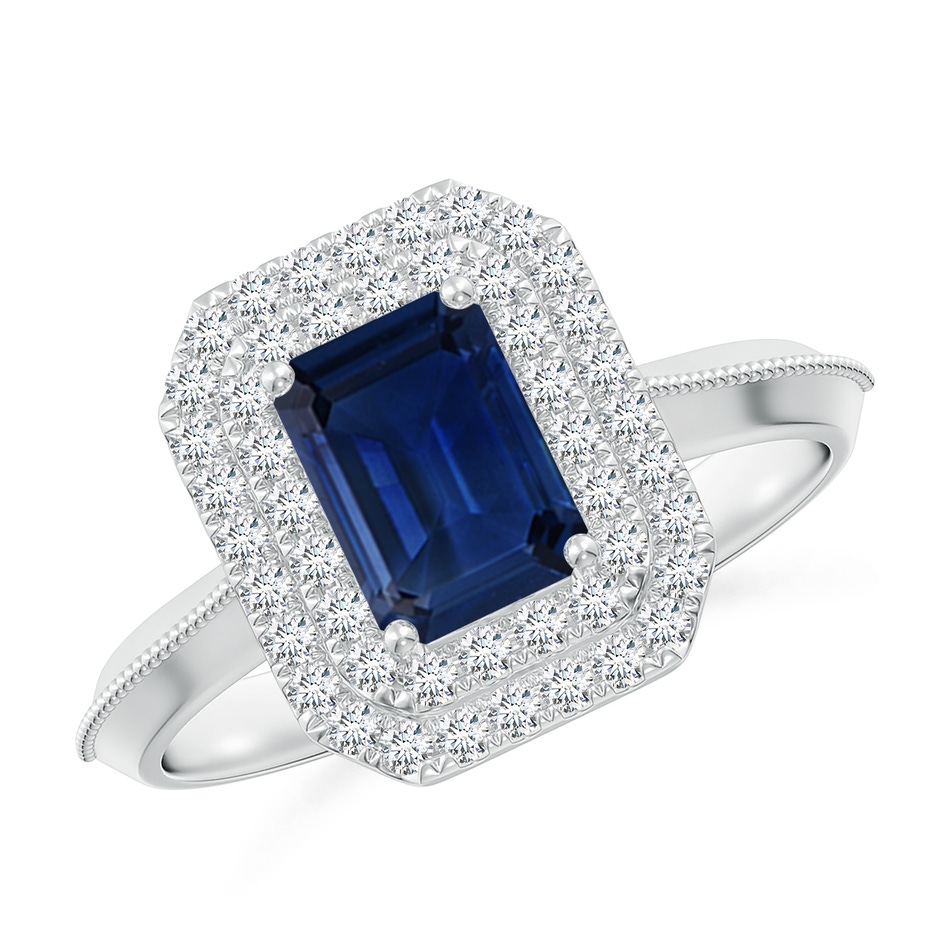 7x5mm AAA Vintage Inspired Emerald-Cut Blue Sapphire Double Halo Engagement Ring in White Gold 