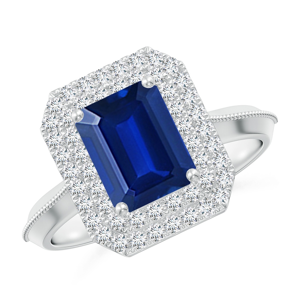 8x6mm Lab-Grown Vintage Inspired Emerald-Cut Blue Sapphire Double Halo Engagement Ring in White Gold