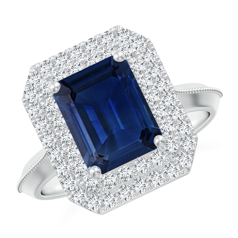 9x7mm AAA Vintage Inspired Emerald-Cut Blue Sapphire Double Halo Engagement Ring in White Gold 