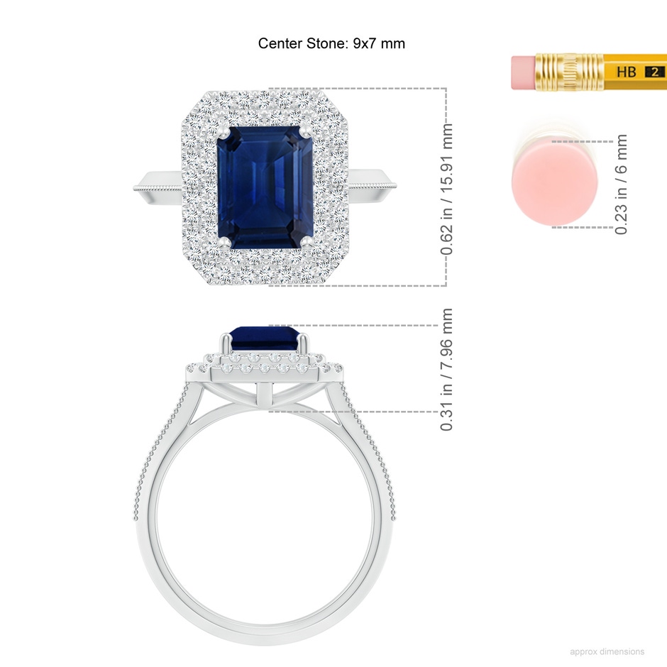 9x7mm AAA Vintage Inspired Emerald-Cut Blue Sapphire Double Halo Engagement Ring in White Gold ruler