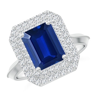 9x7mm AAAA Vintage Inspired Emerald-Cut Blue Sapphire Double Halo Engagement Ring in P950 Platinum