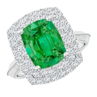 10x8mm AAA Vintage Inspired Cushion Rectangular Emerald Double Halo Engagement Ring in P950 Platinum