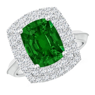 10x8mm AAAA Vintage Inspired Cushion Rectangular Emerald Double Halo Engagement Ring in P950 Platinum