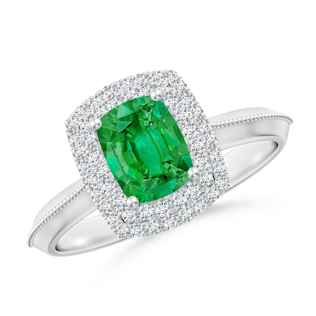 7x5mm AAA Vintage Inspired Cushion Rectangular Emerald Double Halo Engagement Ring in White Gold