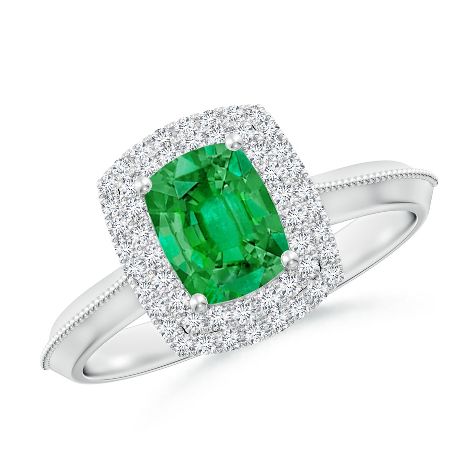 7x5mm AAA Vintage Inspired Cushion Rectangular Emerald Double Halo Engagement Ring in White Gold 