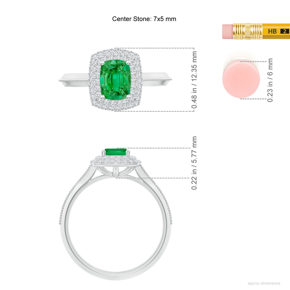 7x5mm AAA Vintage Inspired Cushion Rectangular Emerald Double Halo Engagement Ring in White Gold ruler