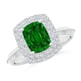 8x6mm AAAA Vintage Inspired Cushion Rectangular Emerald Double Halo Engagement Ring in P950 Platinum