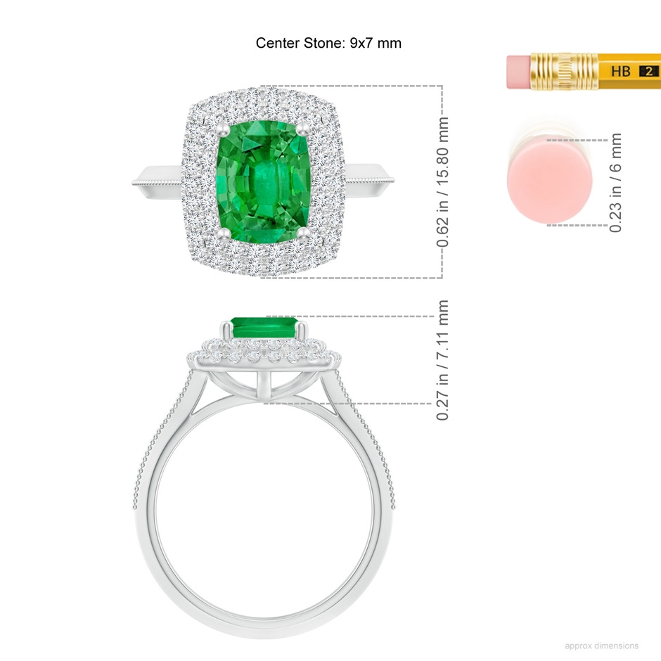 9x7mm AAA Vintage Inspired Cushion Rectangular Emerald Double Halo Engagement Ring in White Gold ruler