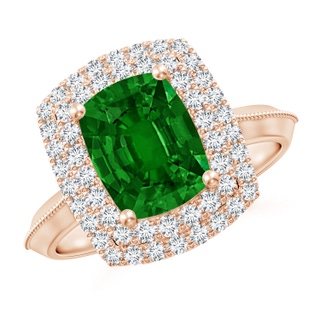 9x7mm AAAA Vintage Inspired Cushion Rectangular Emerald Double Halo Engagement Ring in Rose Gold