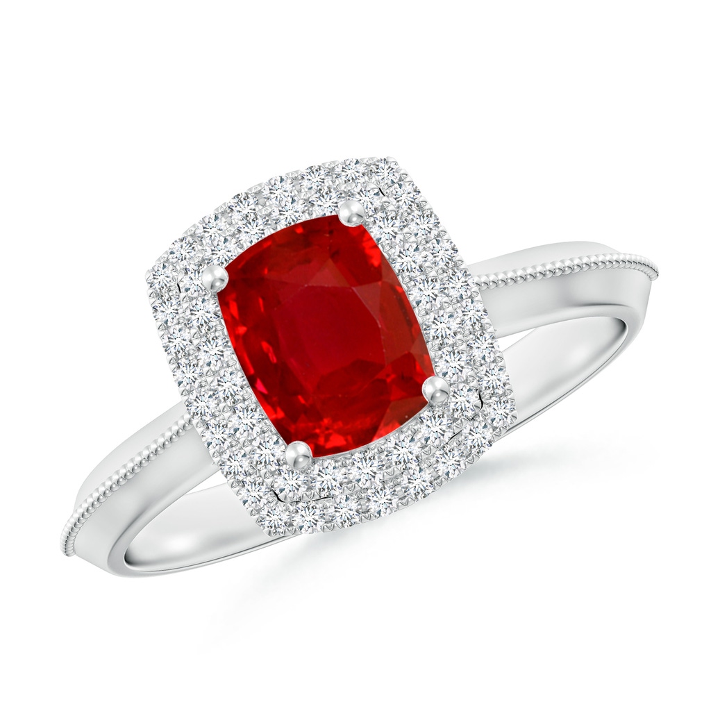 7x5mm AAA Vintage Inspired Cushion Rectangular Ruby Double Halo Engagement Ring in White Gold