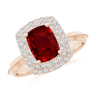 8x6mm AAAA Vintage Inspired Cushion Rectangular Ruby Double Halo Engagement Ring in 18K Rose Gold