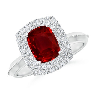 8x6mm AAAA Vintage Inspired Cushion Rectangular Ruby Double Halo Engagement Ring in P950 Platinum