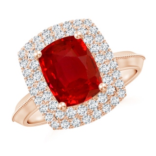 9x7mm AAA Vintage Inspired Cushion Rectangular Ruby Double Halo Engagement Ring in Rose Gold