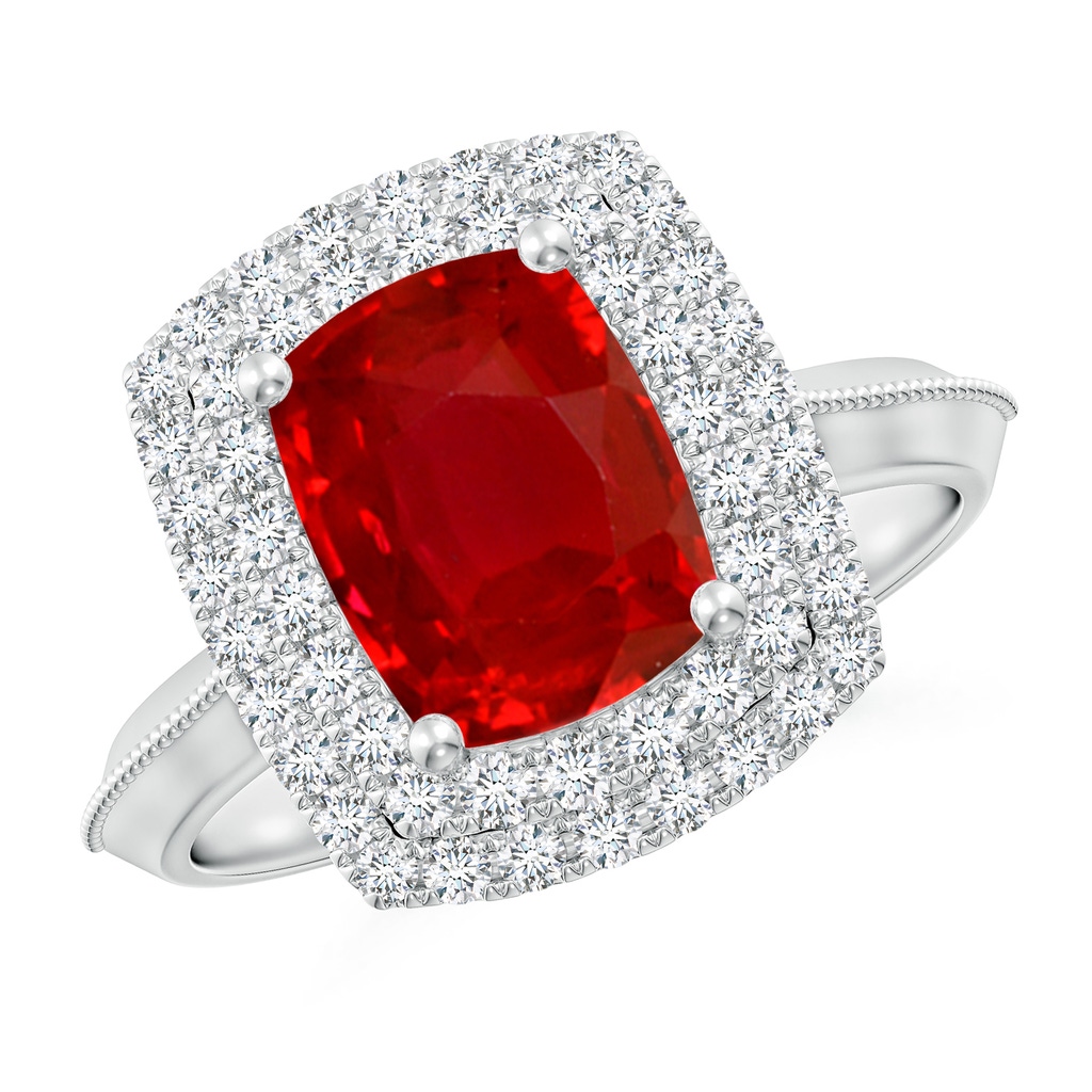 9x7mm AAA Vintage Inspired Cushion Rectangular Ruby Double Halo Engagement Ring in White Gold