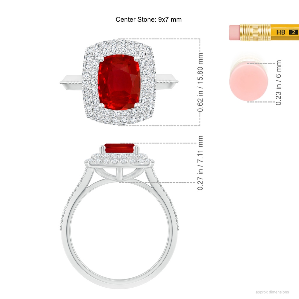 9x7mm AAA Vintage Inspired Cushion Rectangular Ruby Double Halo Engagement Ring in White Gold ruler