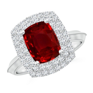 9x7mm AAAA Vintage Inspired Cushion Rectangular Ruby Double Halo Engagement Ring in P950 Platinum