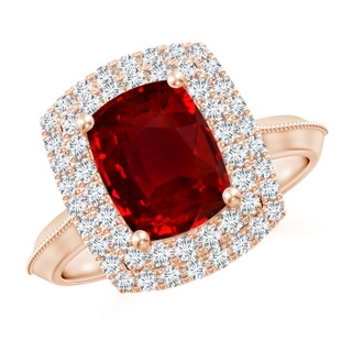 9x7mm AAAA Vintage Inspired Cushion Rectangular Ruby Double Halo Engagement Ring in Rose Gold