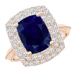 10x8mm AA Vintage Inspired Cushion Rectangular Blue Sapphire Double Halo Engagement Ring in Rose Gold