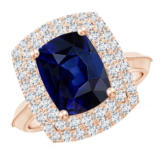 10x8mm AAA Vintage Inspired Cushion Rectangular Blue Sapphire Double Halo Engagement Ring in Rose Gold