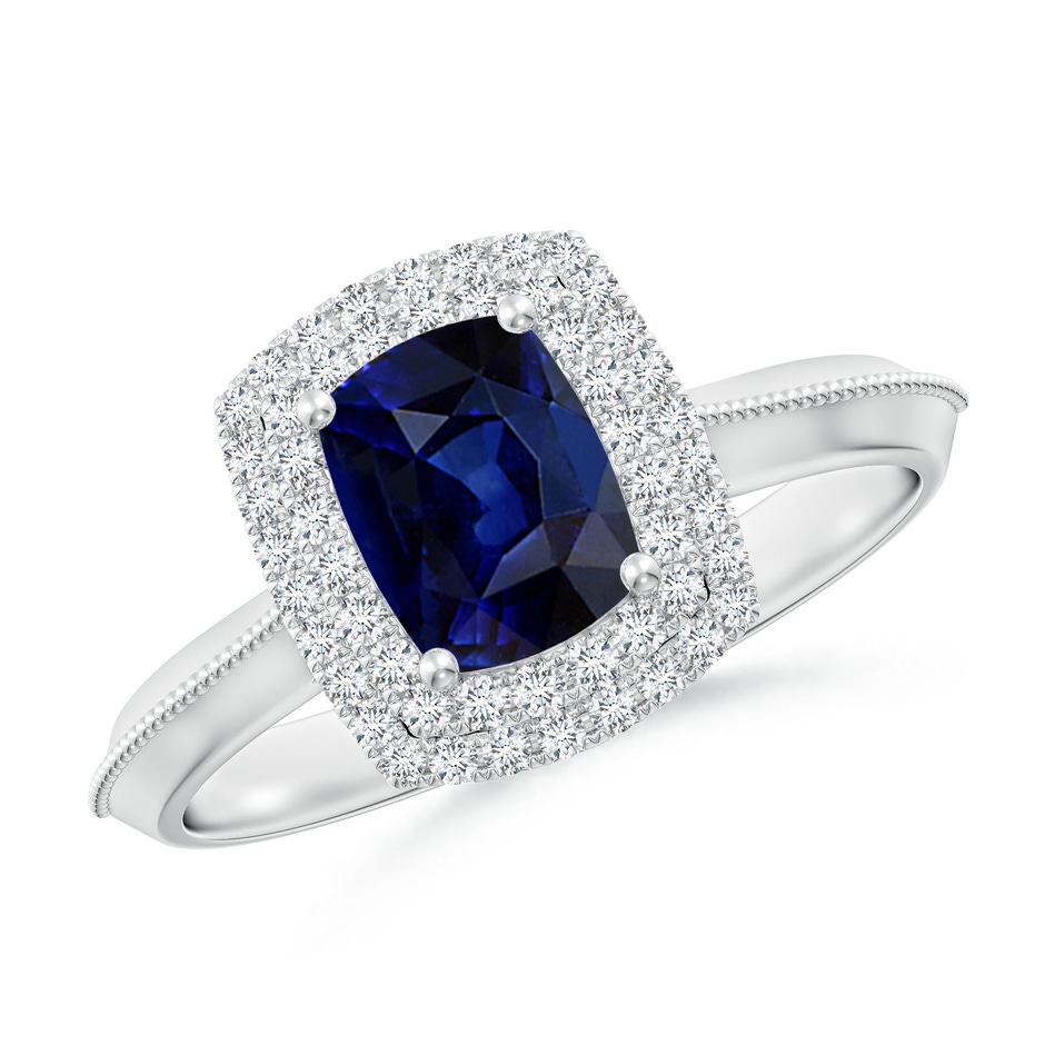 7x5mm AAA Vintage Inspired Cushion Rectangular Blue Sapphire Double Halo Engagement Ring in White Gold 