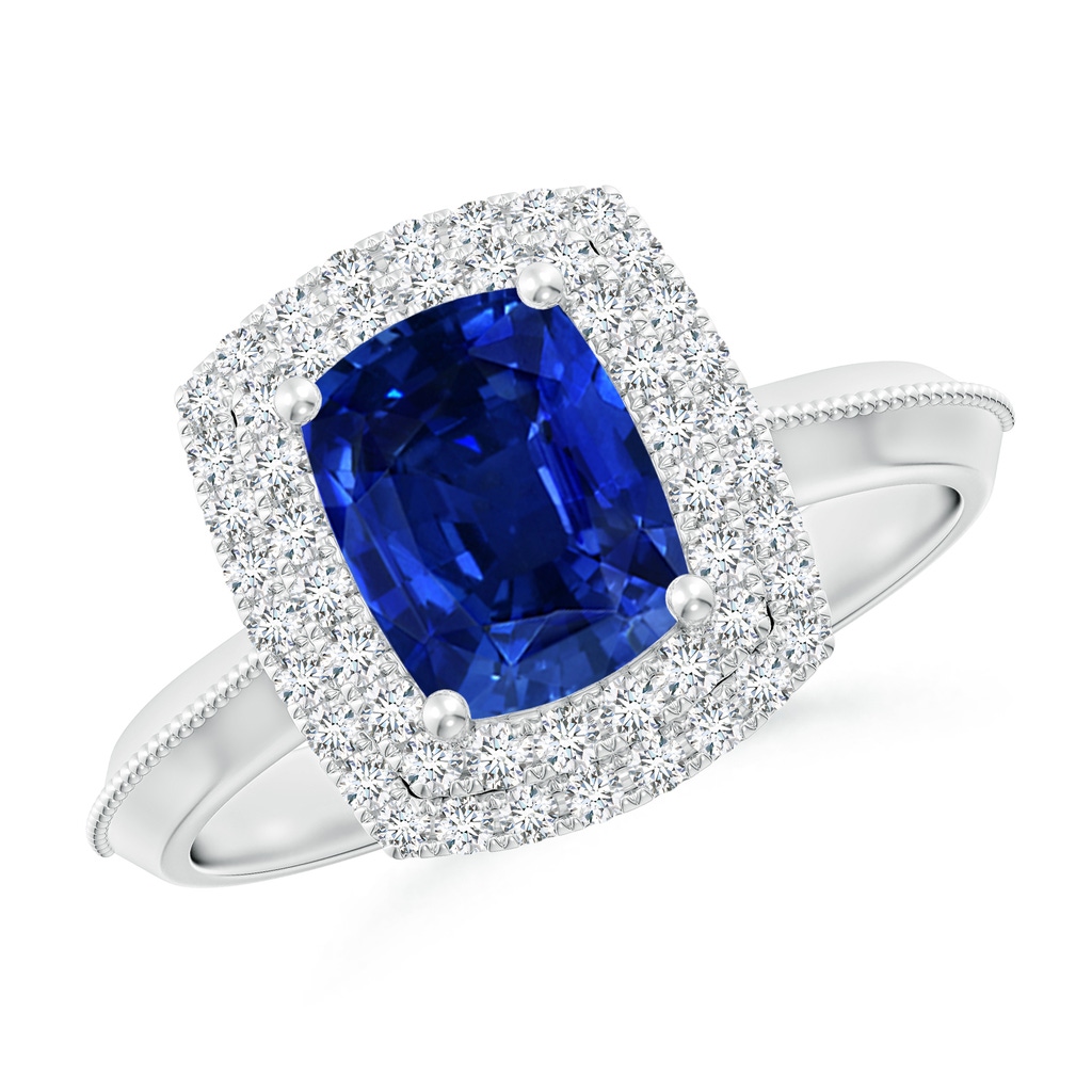 8x6mm Lab-Grown Vintage Inspired Cushion Rectangular Blue Sapphire Double Halo Engagement Ring in White Gold