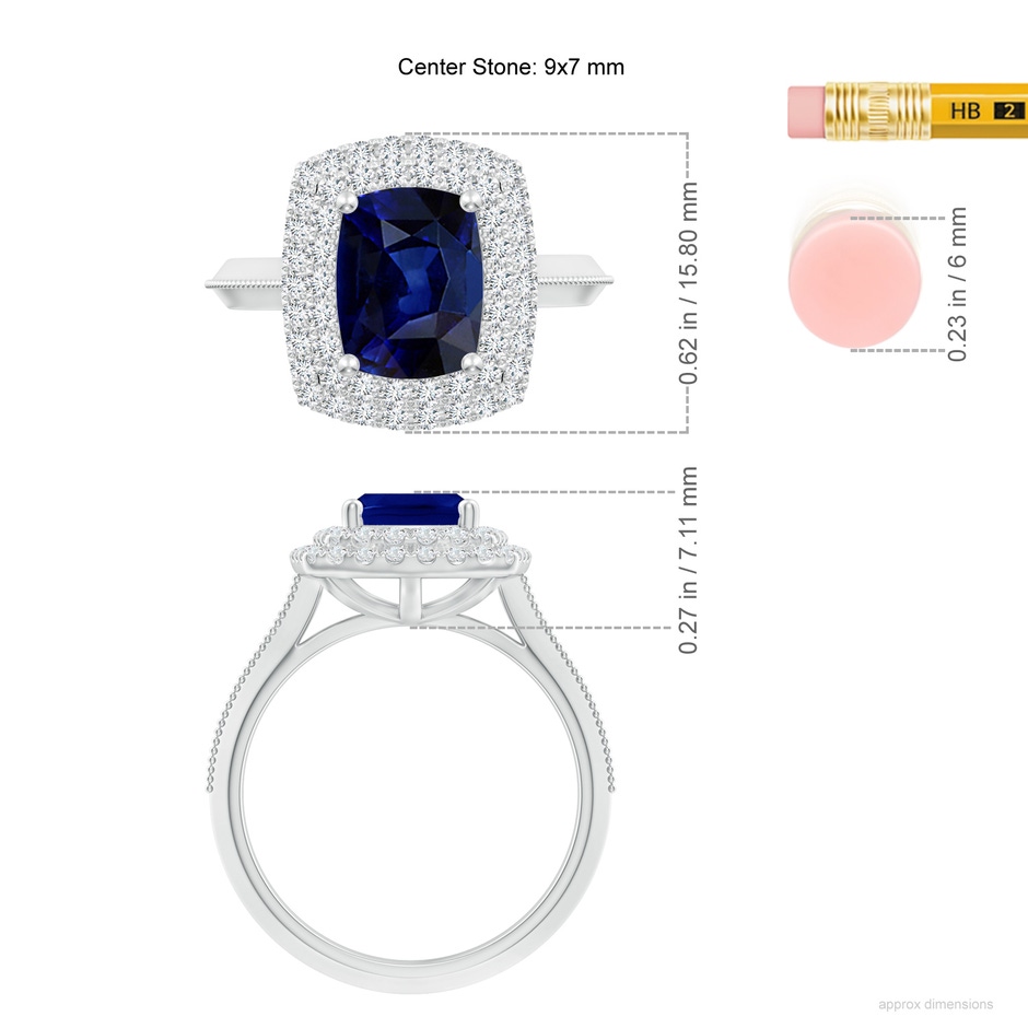 9x7mm AAA Vintage Inspired Cushion Rectangular Blue Sapphire Double Halo Engagement Ring in White Gold ruler