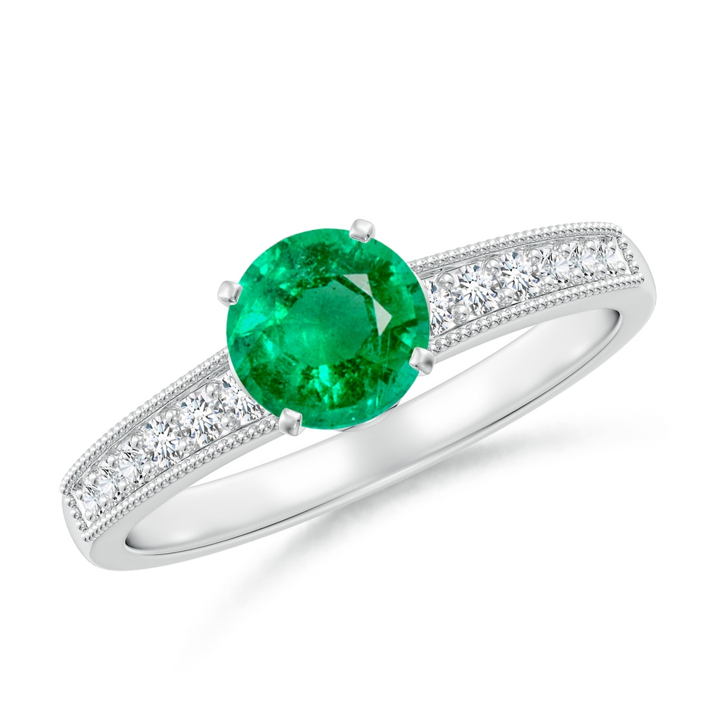 6mm AAA Vintage Style Round Emerald Engagement Ring with Accents in White Gold