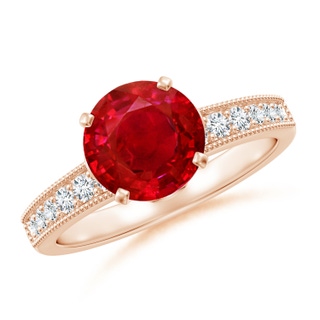 8mm AAA Vintage Style Round Ruby Engagement Ring with Accents in Rose Gold