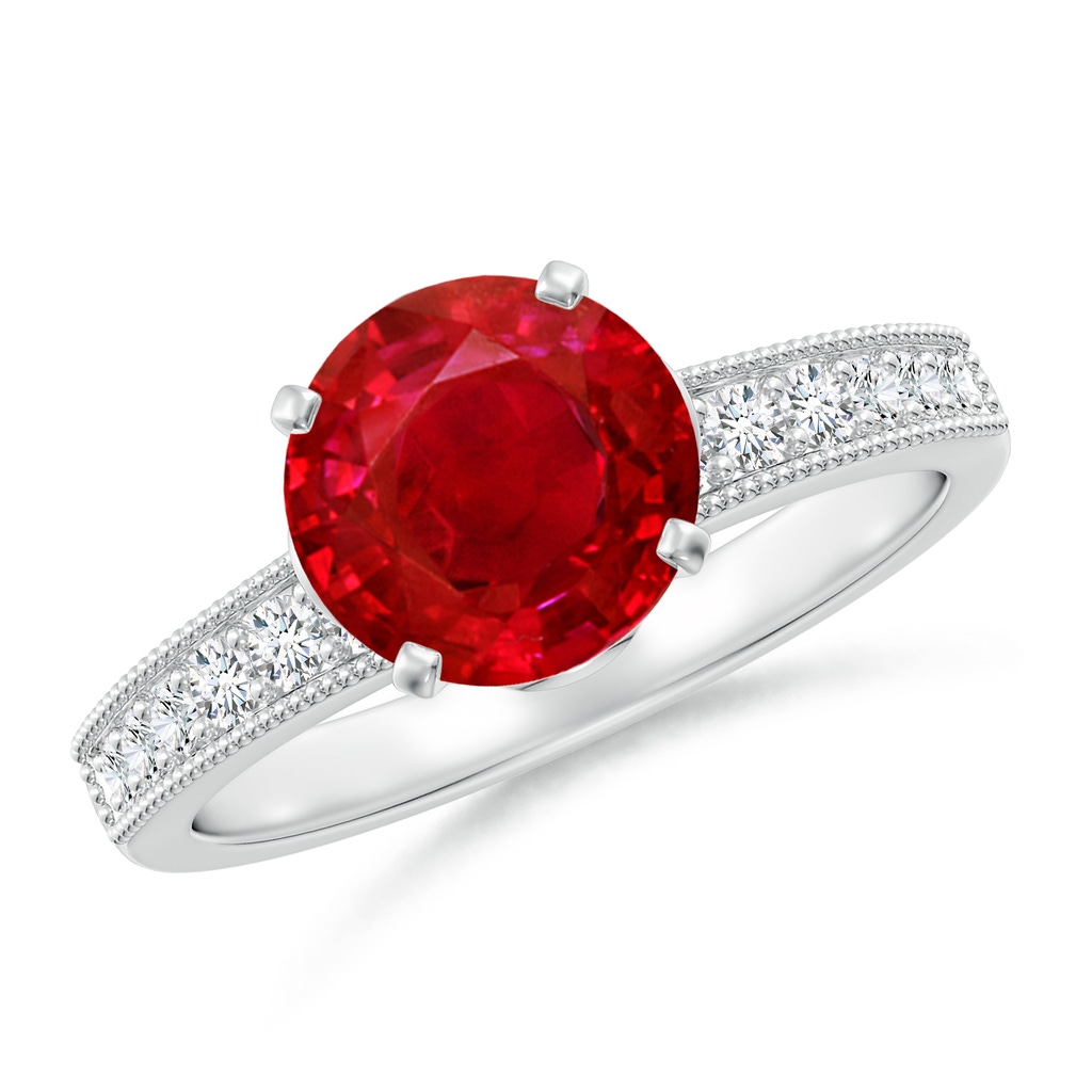 8mm AAA Vintage Style Round Ruby Engagement Ring with Accents in White Gold