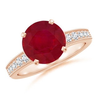 9mm AA Vintage Style Round Ruby Engagement Ring with Accents in Rose Gold