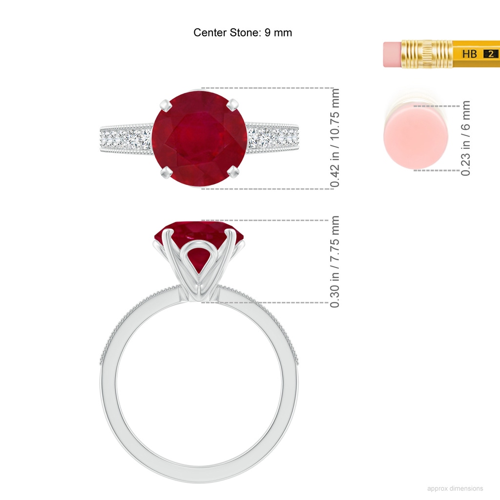 9mm AA Vintage Style Round Ruby Engagement Ring with Accents in White Gold ruler