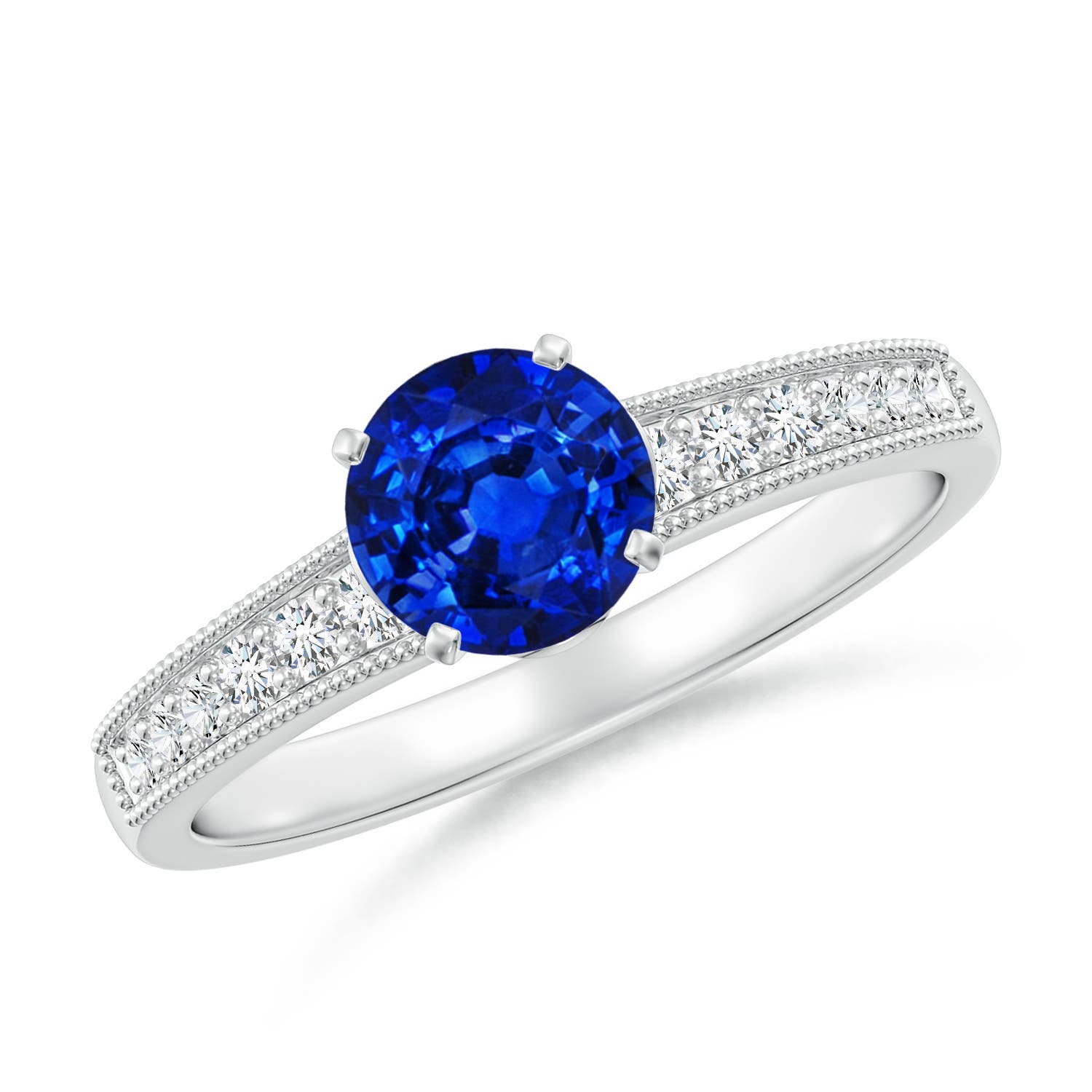 6mm AAAA Vintage Style Round Blue Sapphire Engagement Ring with Accents in 18K White Gold