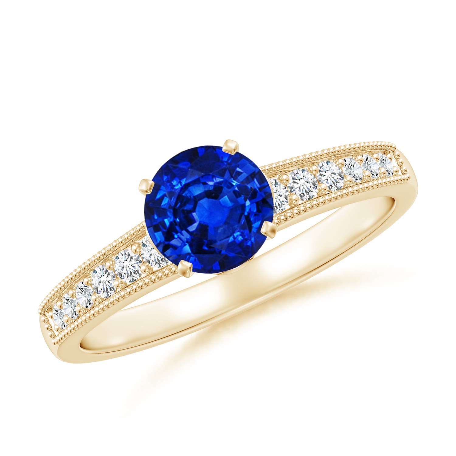 6mm AAAA Vintage Style Round Blue Sapphire Engagement Ring with Accents in 18K Yellow Gold
