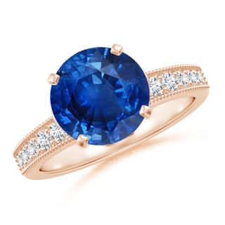 9mm AAA Vintage Style Round Blue Sapphire Engagement Ring with Accents in 9K Rose Gold