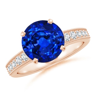 9mm AAAA Vintage Style Round Blue Sapphire Engagement Ring with Accents in Rose Gold